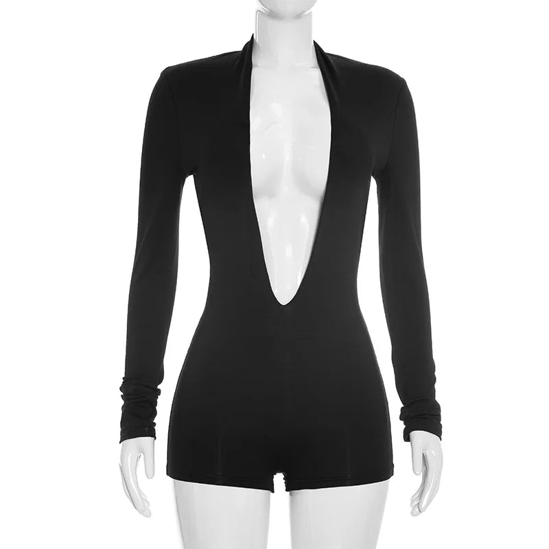 FLARORA Sexy Deep V Neck Slim Rompers Woman Solid Color Full Sleeve Stretch Skinny Peach Hip Playsuits Hot Girl Party Clubwear