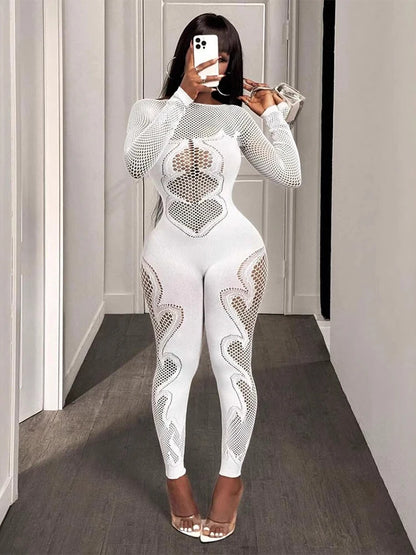 FHSEER Women's Sexy Jumpsuit Sheer Mesh Long Sleeve Hollow Out Bodycon High-Waist Stretchy Club Party Date Night Out Outfit