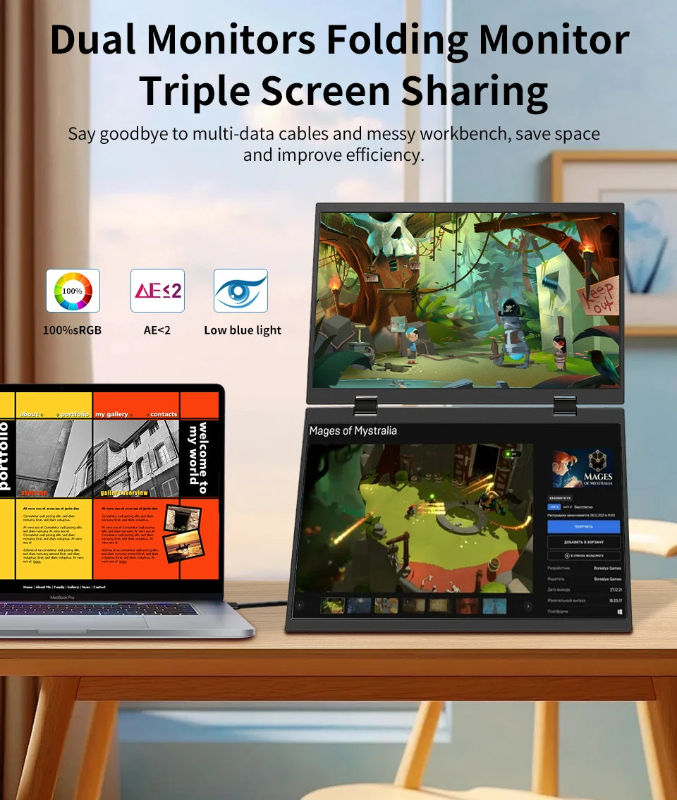 HGFRTEE 15.6 Inch Dual Portable Monitor for Laptop Screen Extender Stackable Foldable 315° Folding Stacked Triple Display