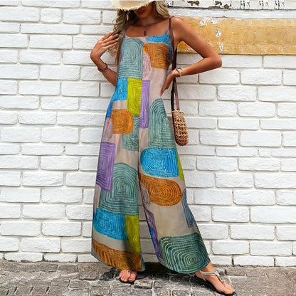 2026 Summer Women's Sleeveless Jumpsuit – Color Block Geometric Print, Spaghetti Strap, Wide-Leg Loose Vacation Romper
