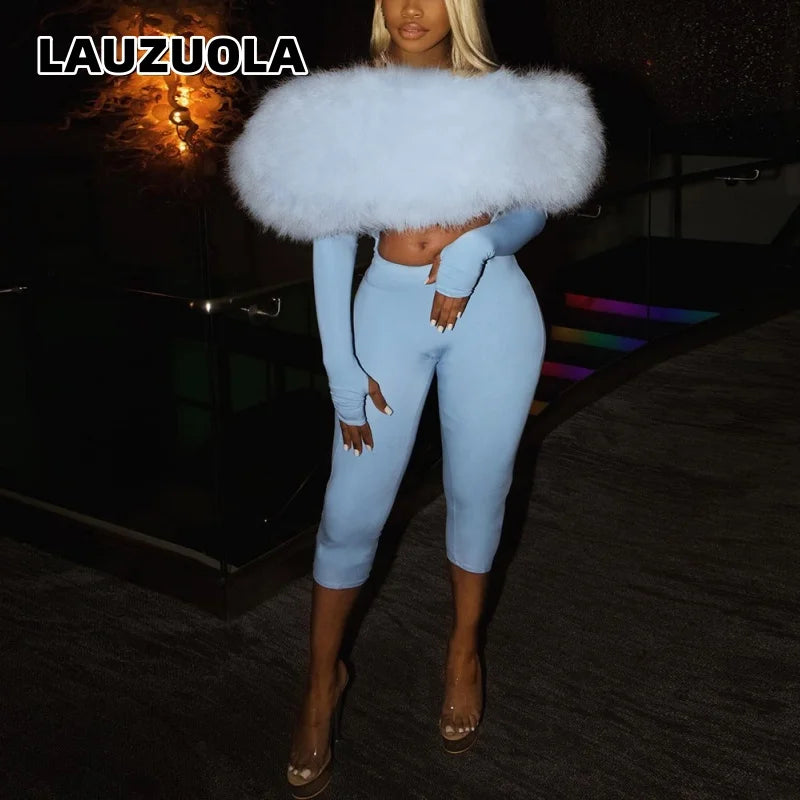 Women Off Shoulder Faux Fur Jumpsuit Long Sleeve Cutout Front Capri Jumpsuits Party Clubwear Bodycon Rompers