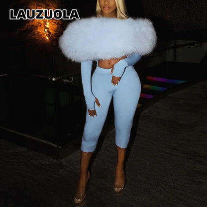 Women Off Shoulder Faux Fur Jumpsuit Long Sleeve Cutout Front Capri Jumpsuits Party Clubwear Bodycon Rompers