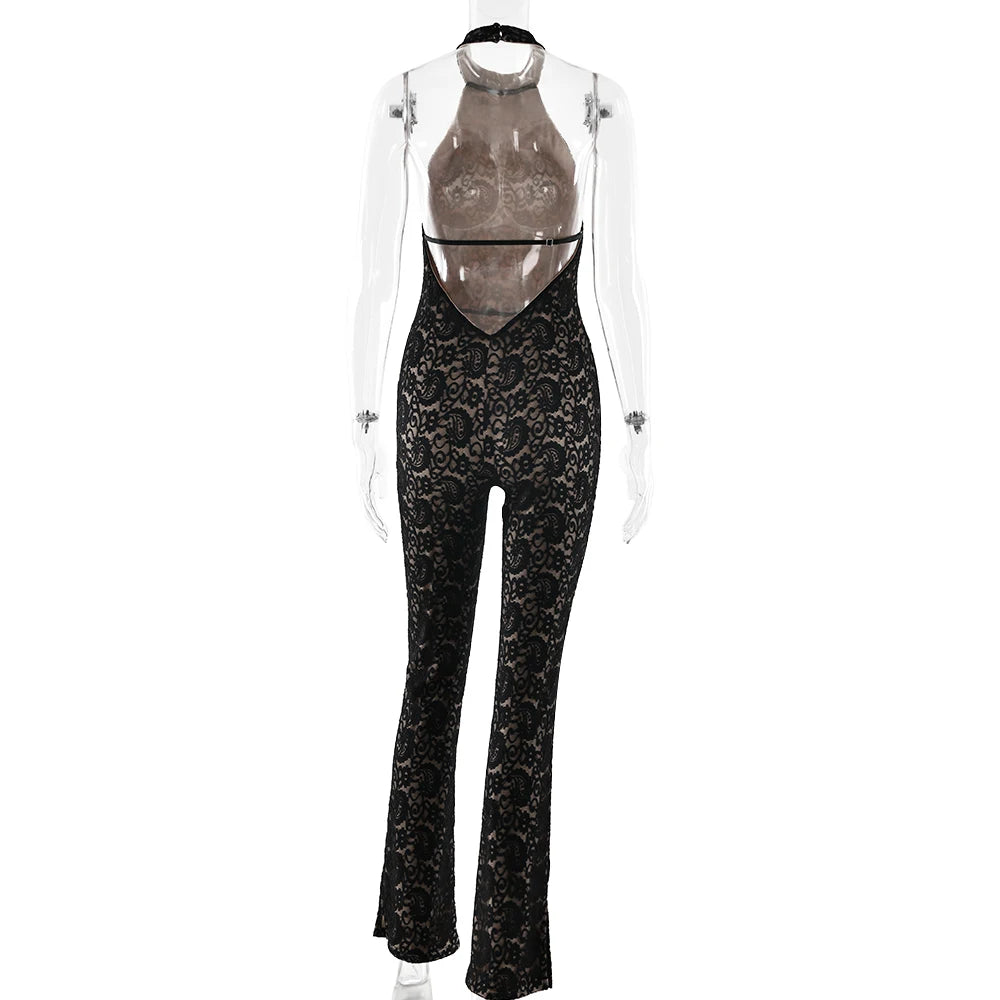Fantoye Sexy Backless Lace Patchwork Women Jumpsuit Black Sleeveless High Elastic Rompers Spring Bodycon Elegant Party Clubwear