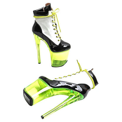 Leecabe  20CM/8inches Patent  PU Upper Black & White  Fashion Trend Sexy Clear High Heel  Platform Ankle Boots Pole Dance Boot