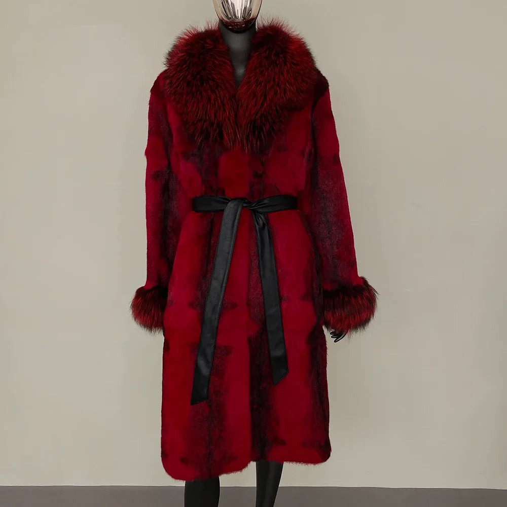 2024 New Autumn Winter Thickened Fur Coat for Women Rabbit Fur One-piece Long Style Real Fox Fur Collar Fashion Warm Coat Women