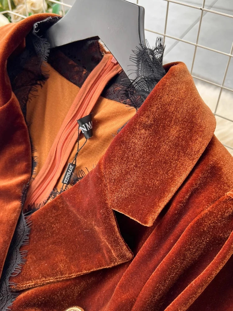 Autumn Winter Luxury Velvet Dress Women Clothing Notched Lion Metal Buttons Split Letter Belt Thick Velour Long Party Vestidos