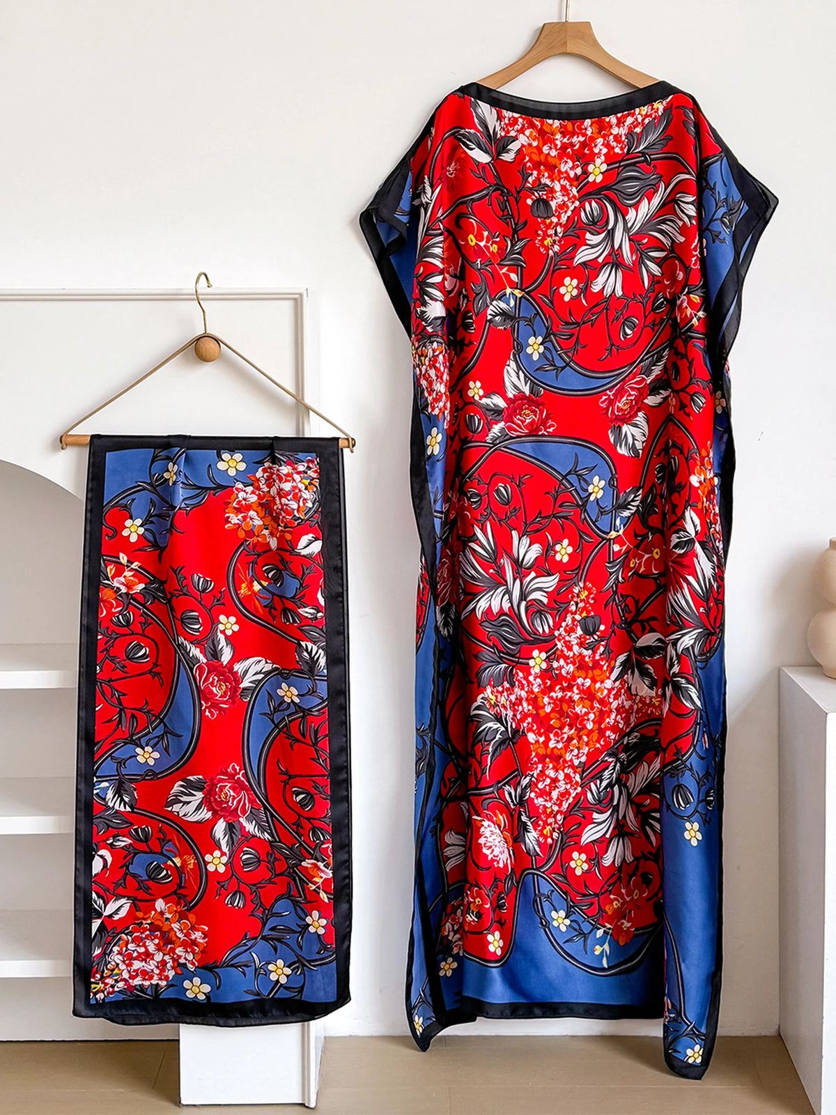 Vintage Curly Vine Floral Print Satin Abaya Scarf Set, Loose Batwing Kaftan For Muslim Women Summer Daily Beach Holiday Wear