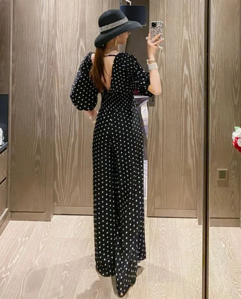 Jumpsuit Women Summer New Temperament Polka Dot V-neck High Waist Casual Wide Leg Jumpsuit Elegant Party One Piece Jumpsuits