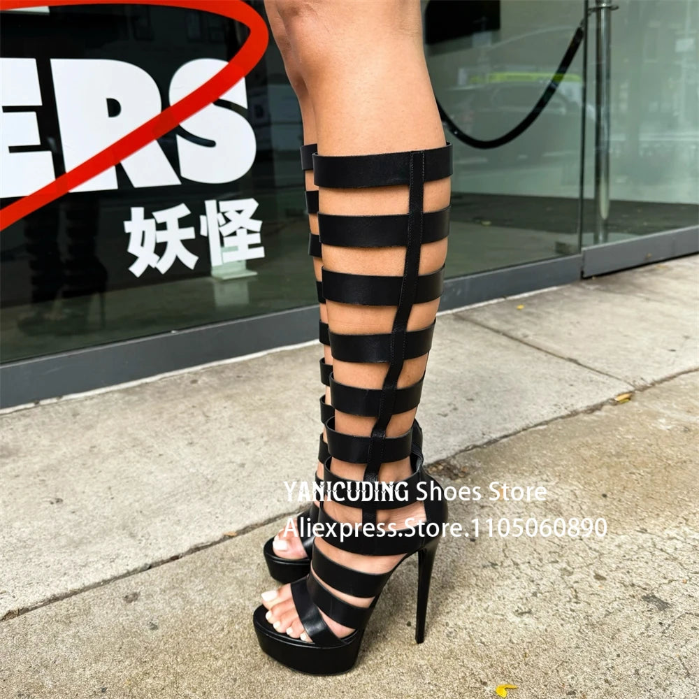 Strappy Gladiator Sandal Boots Metallic Gold Below the Knee Stiletto Boots Fashion Sexy Style Back Zipper Platform Women's Boots