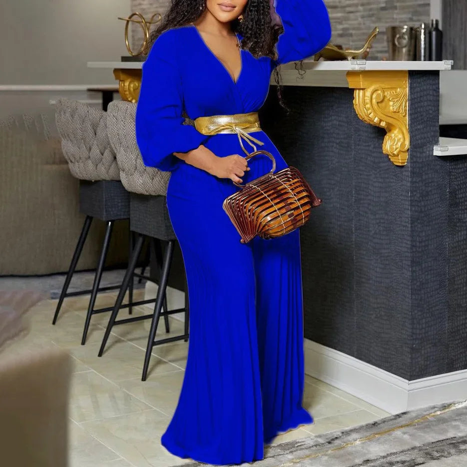 Elegant Pleated Jumpsuits & Rompers Full Sleeve V Neck High Waisted Fashion Ladies Birthday Party Dinner Outfits Overalls Cloth