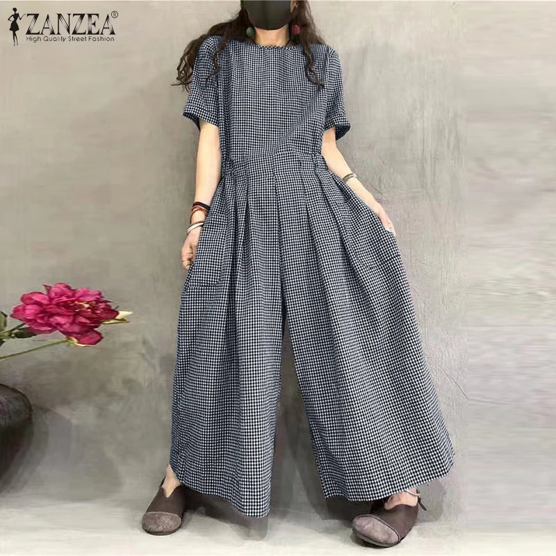 ZANZEA Short Sleeve Checked Wide Leg Overalls Pleated Waist O Neck Loose Casual Gingham Jumpsuits 2024 Fashion Women Long Romper
