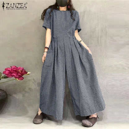 ZANZEA Short Sleeve Checked Wide Leg Overalls Pleated Waist O Neck Loose Casual Gingham Jumpsuits 2024 Fashion Women Long Romper