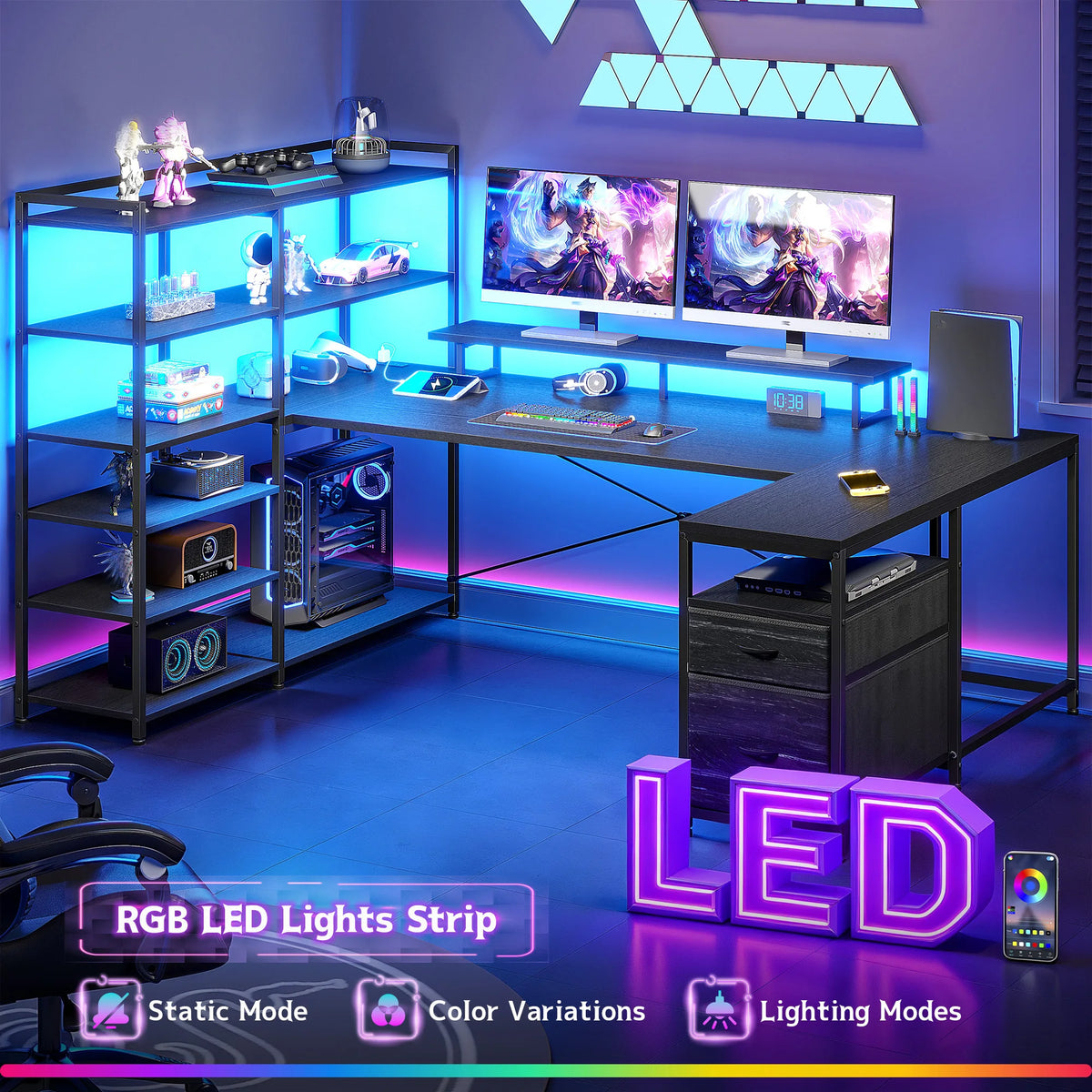 Computer Desk with 6 Storage Shelves & Fabric Drawers 63"L Shaped Gaming Desk with Power Outlet, LED Strip & Monitor Stand