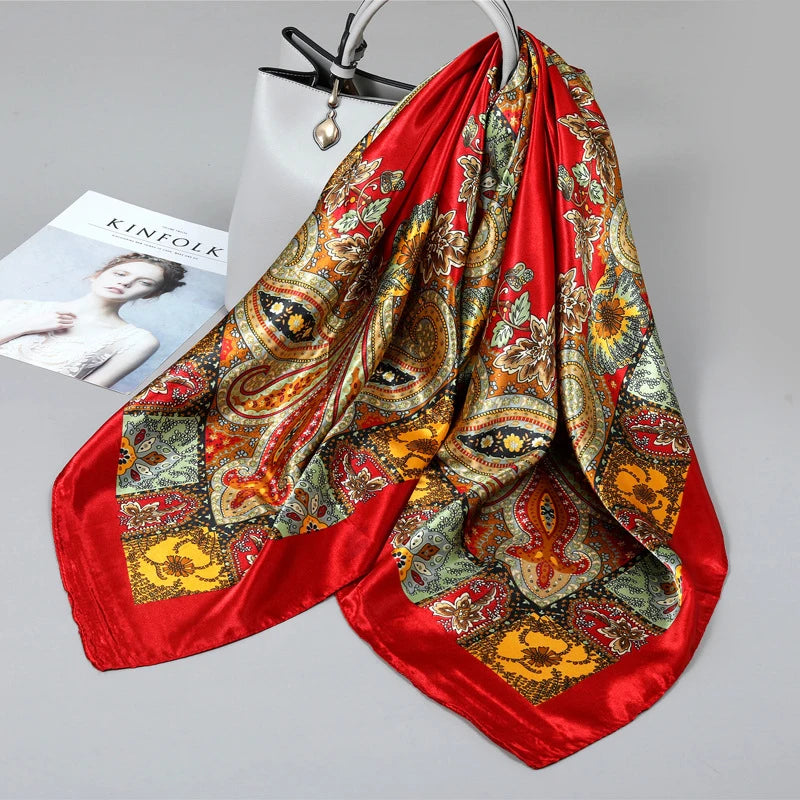 1PCS 90*90cm Square Silk Scarves Women Hijab Shawls Fashion Print Femme Head Scarf Foulard Bandana Beach Pareo