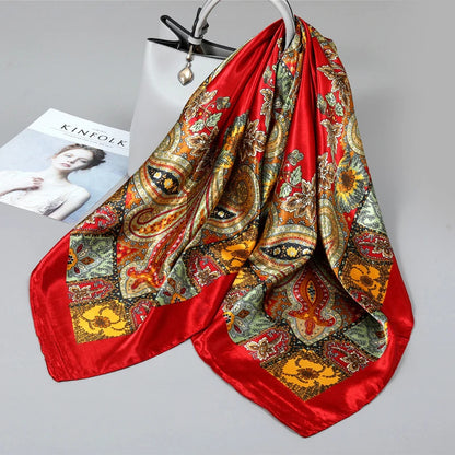 1PCS 90*90cm Square Silk Scarves Women Hijab Shawls Fashion Print Femme Head Scarf Foulard Bandana Beach Pareo