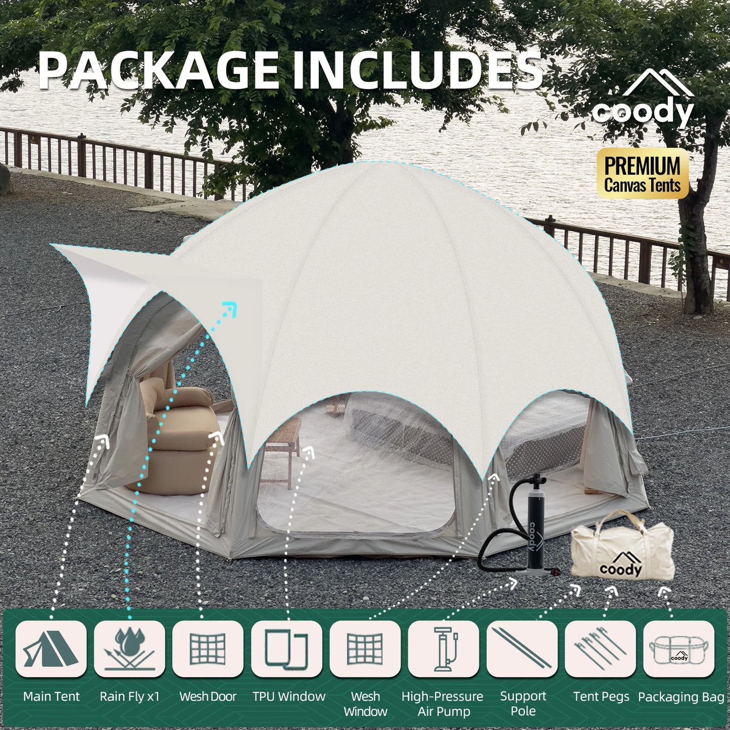 Classic Waterproof Geodesic Coody Dome Beige Inflatable Tent Family Outdoor Glamping Canopy Air House Tent