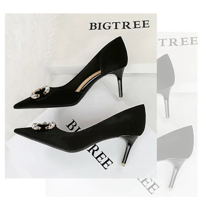 BIGTREE Party Pumps 7cm Thin High Heels Western Style Velvet Shallow Pointed Toe Side Hollow Crystal Pearl Bow Lady Shoes Pink