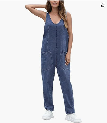 Denim Jumpsuit Women One Piece Sleeveless Rompers Pocket V Neck Spliced Casual Overalls Loose Jeans Jumpsuit Y2k Streetwear