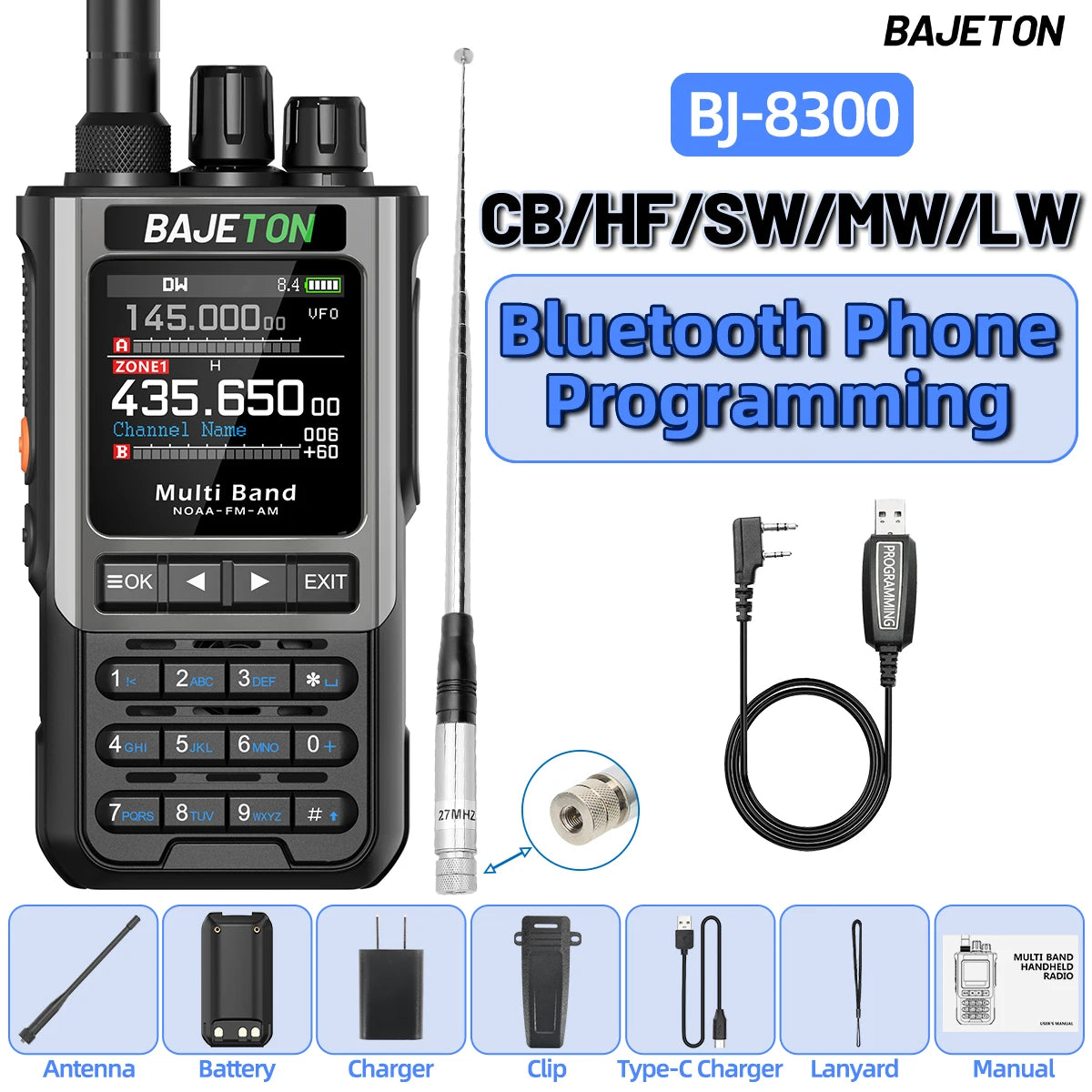 BAJETON BJ-8300 Walkie Talkie SW AM SSB CB Receive Wireless Bluetooth Phone Programming Station NOAA Two Way Radio RT-950PRO