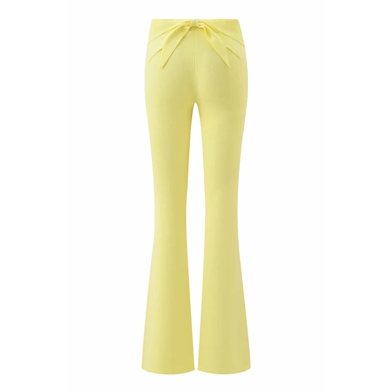 Combhasaki Women's Y2l Knitted Flared Long Pants Slim Fit Solid Color Fold Over Waist Elastic Low Rise Back Bow Decor Trousers