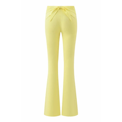 Combhasaki Women's Y2l Knitted Flared Long Pants Slim Fit Solid Color Fold Over Waist Elastic Low Rise Back Bow Decor Trousers
