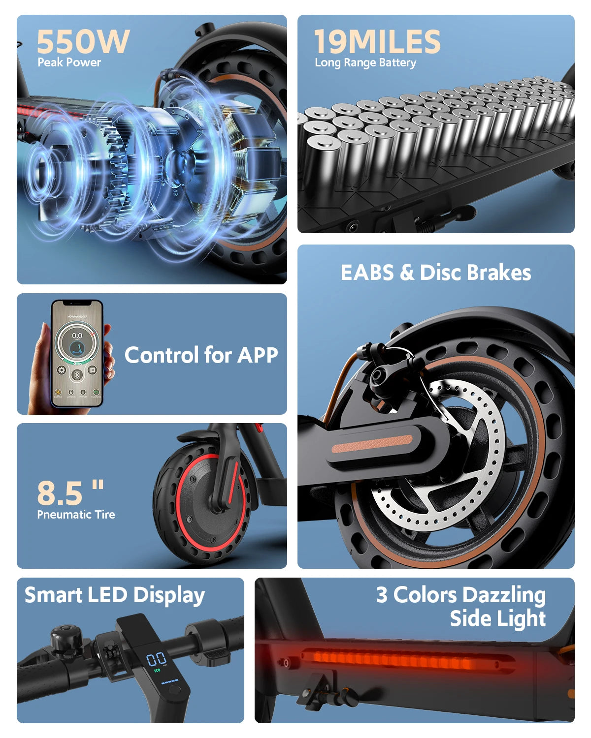 Electric Scooter for Adults, 550W Peak Motor & 19-Mile Range, 360° Lighting, Foldable E-Scooter with App Control