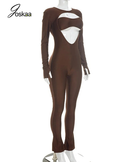 Joskaa Women Cutout Long Sleeve Jumpsuit with Tube Tops Sexy O-neck Back Zipper Thumb Hole Design Bodycon Rompers Party Clubwear