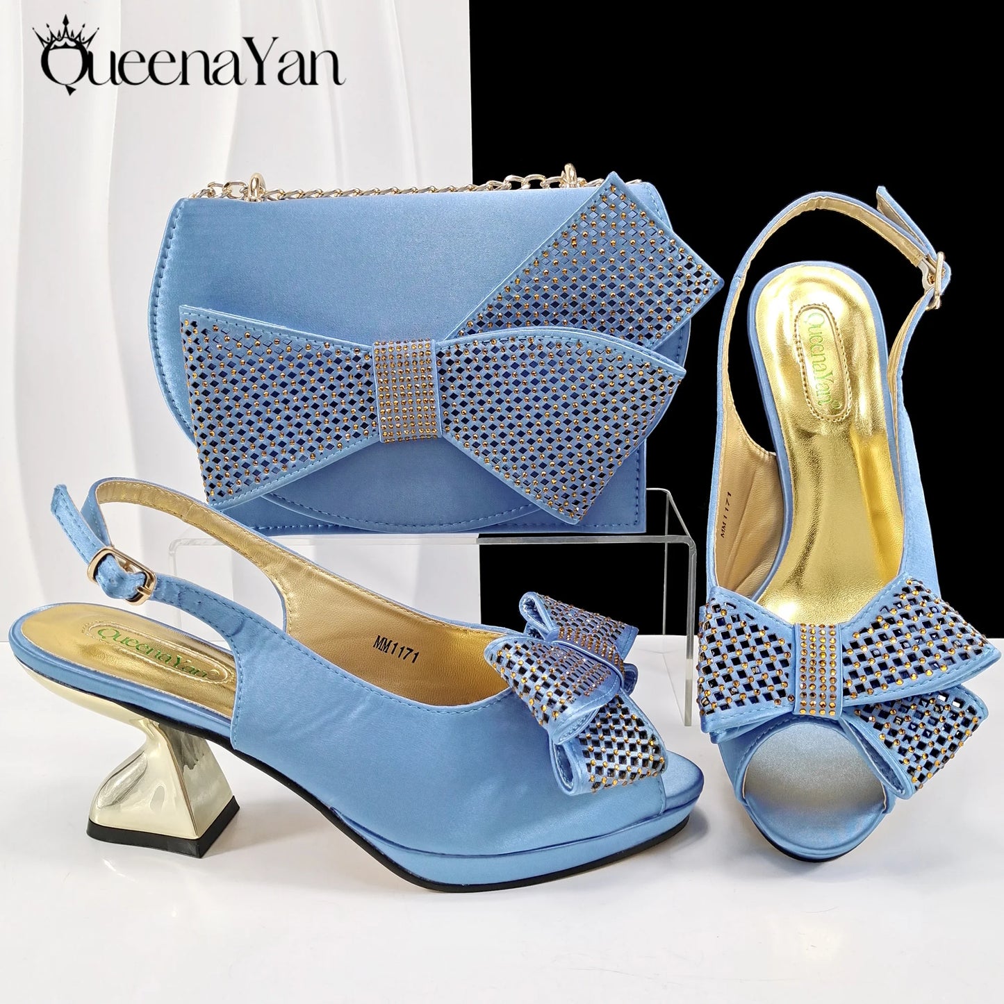 Queena Yan Sky Blue Color Peep Toe High Women Heels Shoes and Bags for Women Rhinestone Evening Party Elegant Luxury Handbag