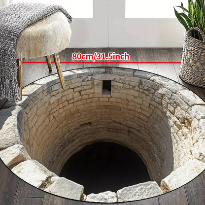 Stone Well Illusion Round Rug Flannel Unique Home Decor Living Room Floor Art Optical Illusion Design Conversation Starter Piece