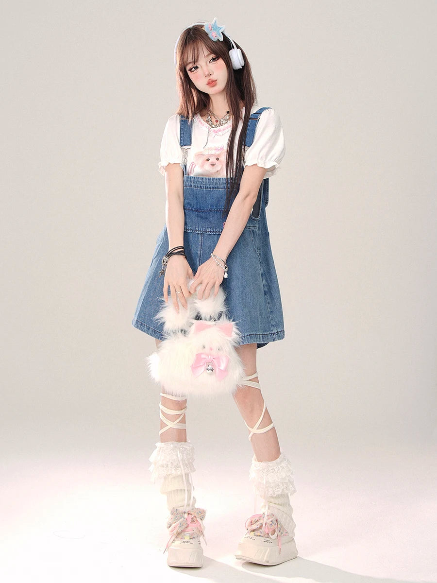 REDDACHiC Denim Blue Bunny Ears Rompers Women Star Rivets Sleeveless Wide Leg Solid Casual Overall Shorts Jumpsuit Streetwear