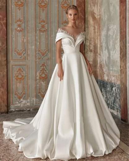 Flavinke Customized Elegant Exquisite A Line Wedding Dresses Bride Gowns Lace Off the Shoulder Soft Satin Vestidos De Novia