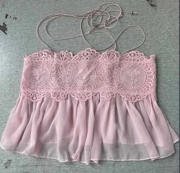 Beach Pink Lace Spliced Women's Set Summer See Through Strap Tank Top Pleated Lantern Pants Sets Lady New Casual Vacation Outfit