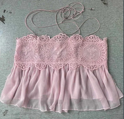 Beach Pink Lace Spliced Women's Set Summer See Through Strap Tank Top Pleated Lantern Pants Sets Lady New Casual Vacation Outfit
