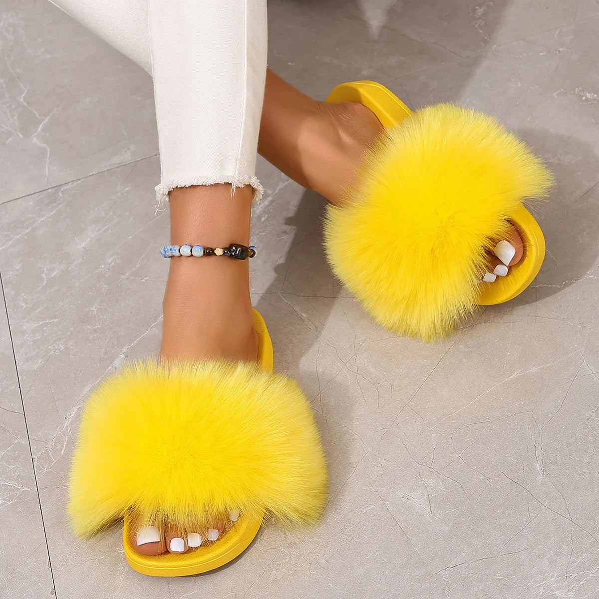 Fashion Fox Fur Slides Women Luxury Designer Summer Sandals Ladies Furry Lazy Slippers Fluffy Flip Flops Shoes Plus Size Shoes