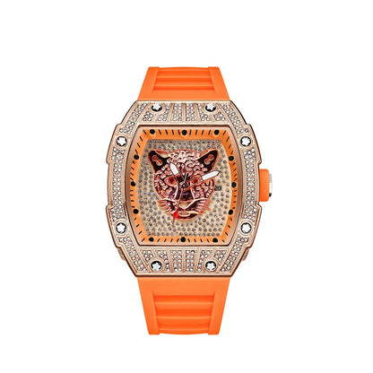 Tonneau Hollow Diamond Leopard Dial Quartz Watch Men Luxury Luminous Fashion Waterproof Rubber Sport Watches Men Steel Men Clock