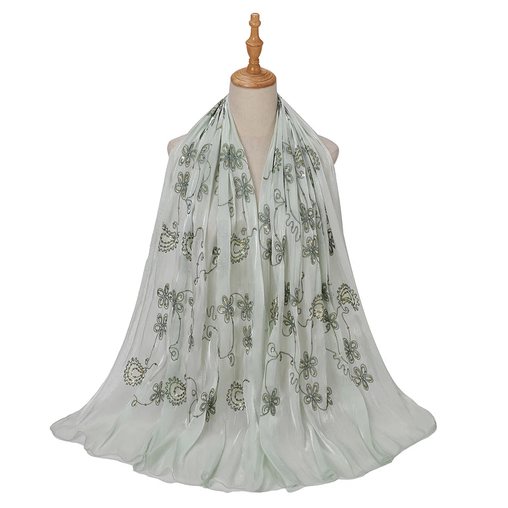 Elegant Embroidery Glitter Shimmer Hijab Shawl Pleated Glitter Chiffon Shawl Lightweight Crinkle Flowy Plain Hijab Scarves
