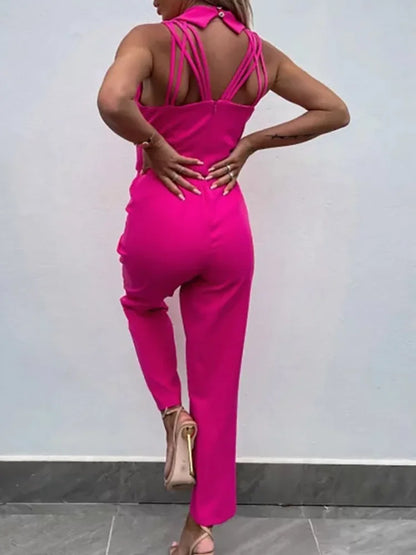 Women Summer Jumpsuit Backless V Neck Solid Zipper Off Shoulder Sleeveless Overalls With Pockets Casual Slim Long Rompers Female