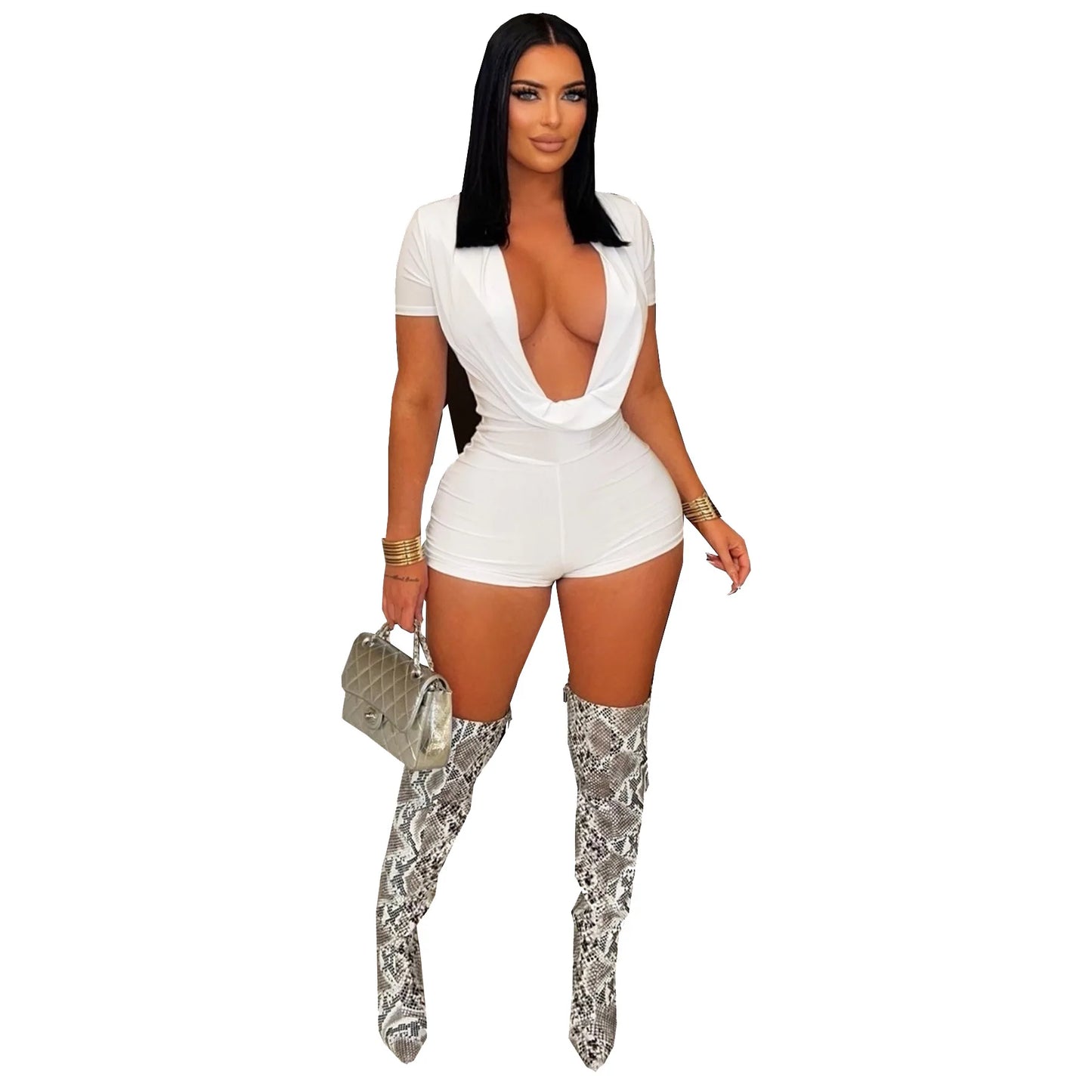 Sexy Solid Deep V-neck Short-sleeve White Playsuits Rompers Women Summer Bodycon Short Jumpsuit for Women
