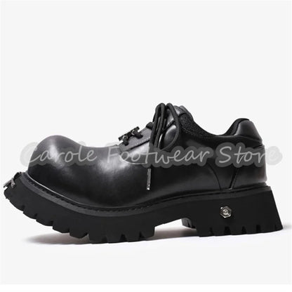 Punk Metal Decor Big Head Lace-Up Sneakers Male Chunky Bottom Height Increase Single Shoes British Style Leather Casual Shoes