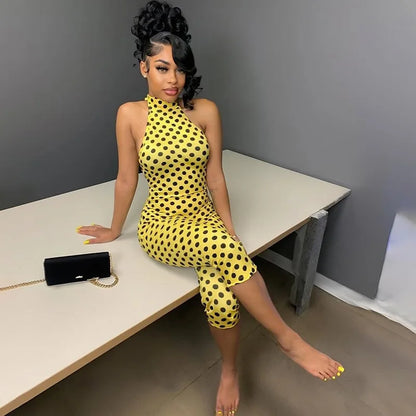FAGADOER Fashion Color Dot Printing Bodycon Jumpsuits Woman Halter Sleeveless Backless Rompers Female Streetwear Overalls 2026