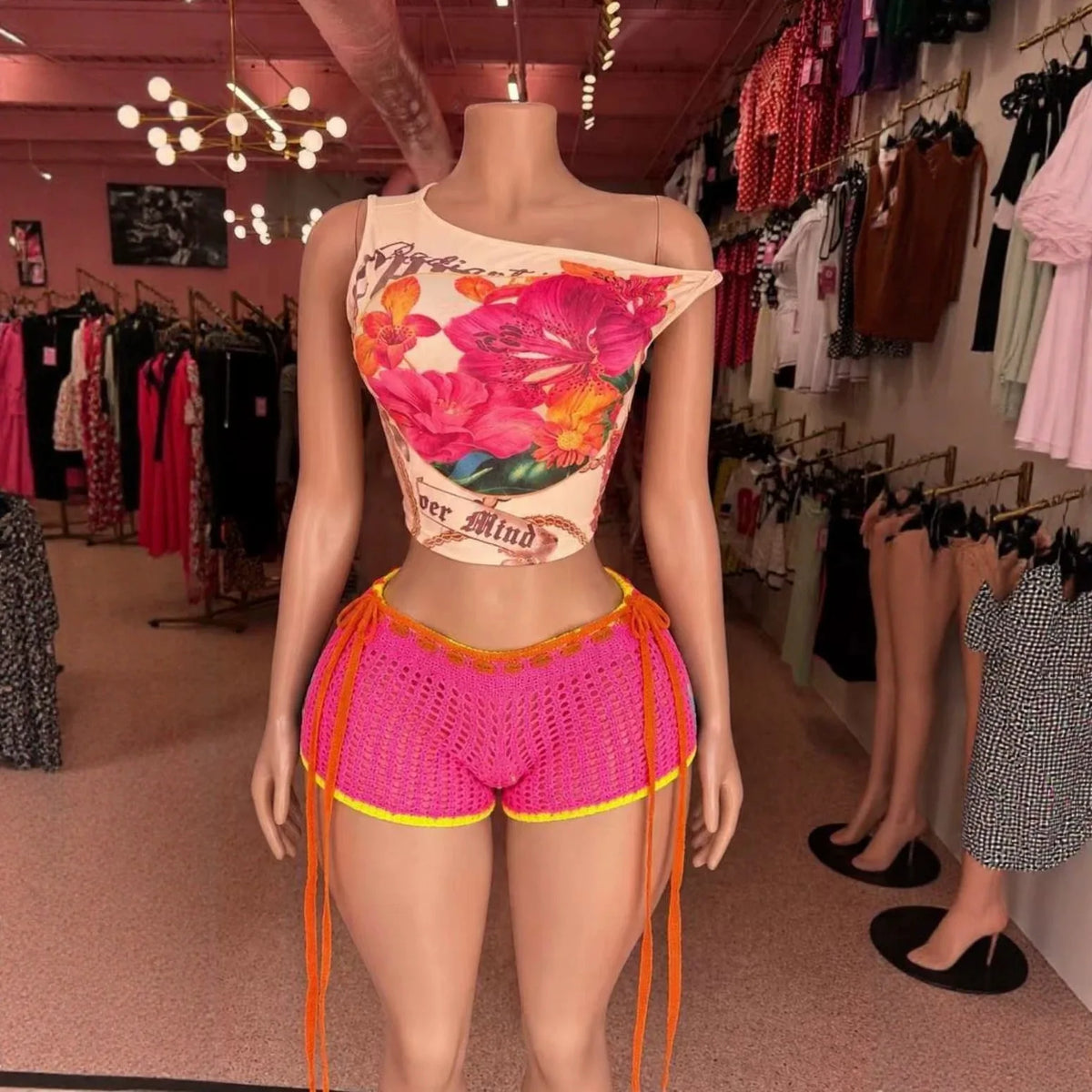 Chic Floral Print One Shoulder Two Piece Set for Women, Cropped Top + Knit Drawstring Hot Shorts, Daily Street & Resort Outfit