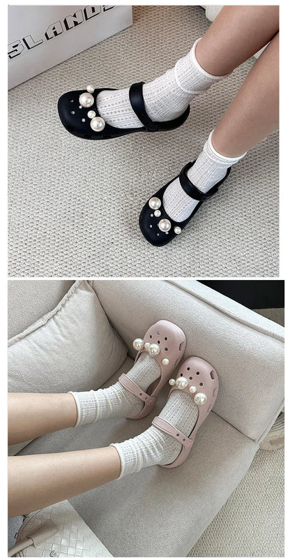 Clogs Summer Slippers Women Luxury Pearl Metal Flower Mary Janes Designer Ballet Shoes Girls Corc Charms Sandals Indoor Outdoor