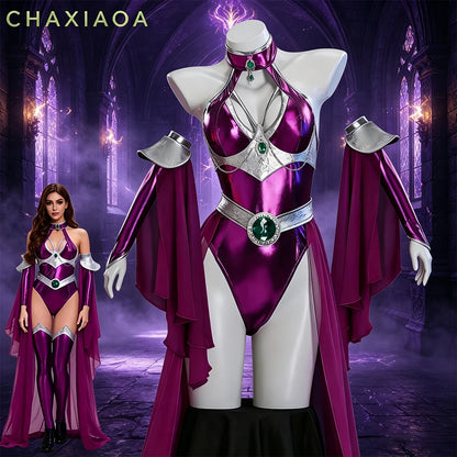 Starfire Cosplay Superhero Costume Purple Metallic Bodysuit Cape Outfit Women Cosplay Jumpsuit Halloween Party Performance Suit