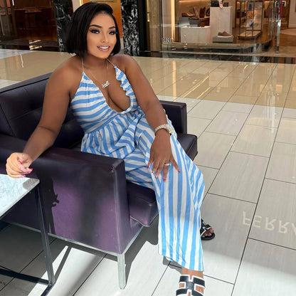African Fashion Women Casual Jumpsuit Striped Printed V Neck Sleeveless Hollow Out Back Wide Leg Jumpsuits