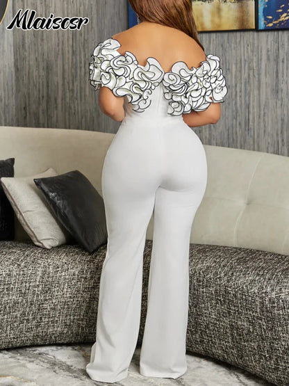 Mlaiscsr Elegant Ruffle Off Shloulder Jumpsuits Women Sleeveless Backless Rompers Female Birthday Festivals One Pieces Outfit