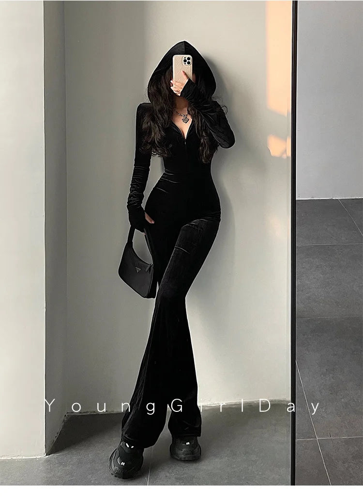 WOMENGAGA Fashion Black Velvet Slim Hooded Zipper Long Sleeve Flare Pants Jumpsuit Rompers Korean Sexy Hot Tops 2022 9P64