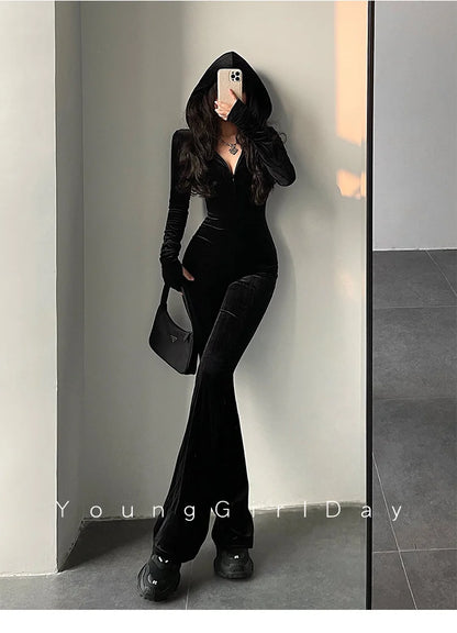 WOMENGAGA Fashion Black Velvet Slim Hooded Zipper Long Sleeve Flare Pants Jumpsuit Rompers Korean Sexy Hot Tops 2022 9P64