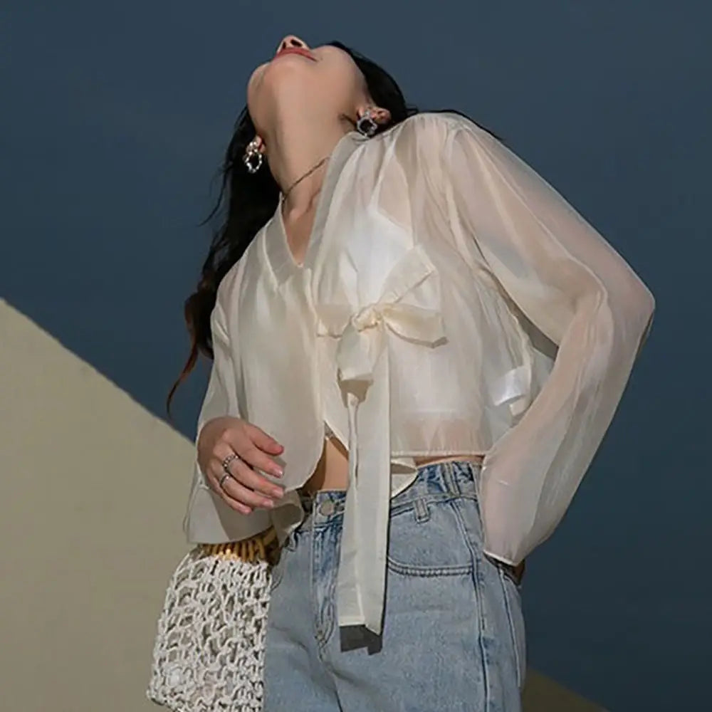 Hanfu Style Modal Ice Silk Shawl V-Neck Sheer Outerwear Long Sleeve Translucent Sun Protection Cardigan Women's Wear