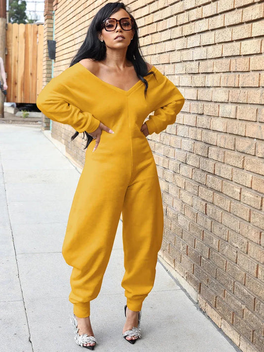 Doyerl Autumn Winter Solid Jumpsuits for Woman Long Sleeve Romper Sexy Off the Shoulder V-neck One Pieces Overalls Combinaison