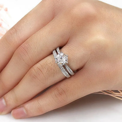 925 Sterling Silver Bright 6 Claws Cubic Zirconia Rings Set for Women Elegant Gorgeous 2Pcs/Set Wedding Band Jewelry Trendy